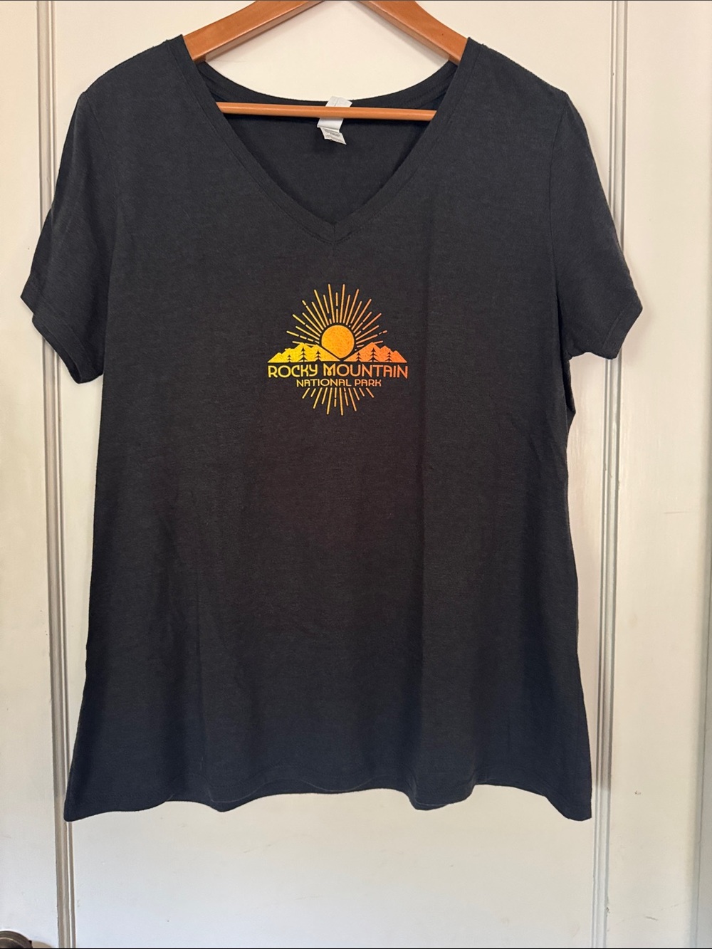 District Rocky Mountain V-Neck Tee - Charcoal with Yellow & Orange Graphic